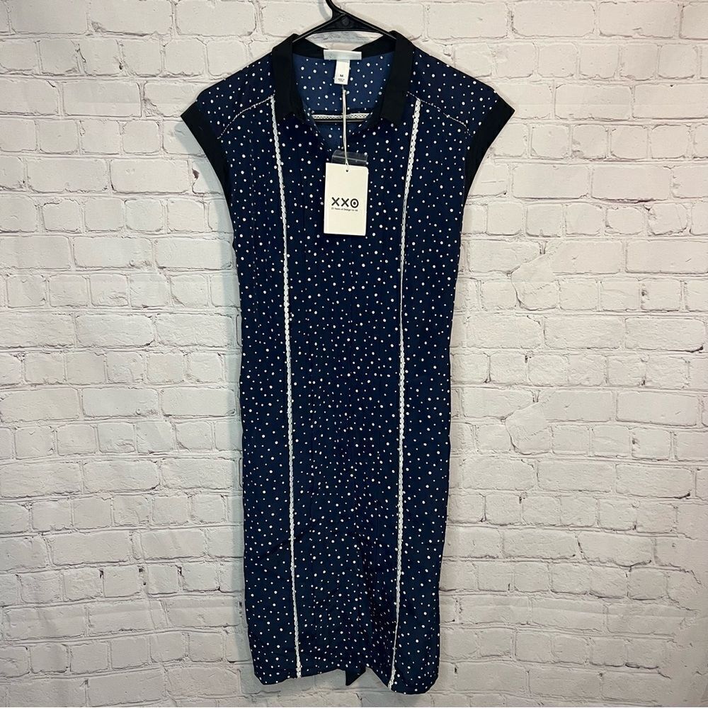 Jason Wu Collared Button Down Pleated Dress. Navy With White Polka Dots Size Med